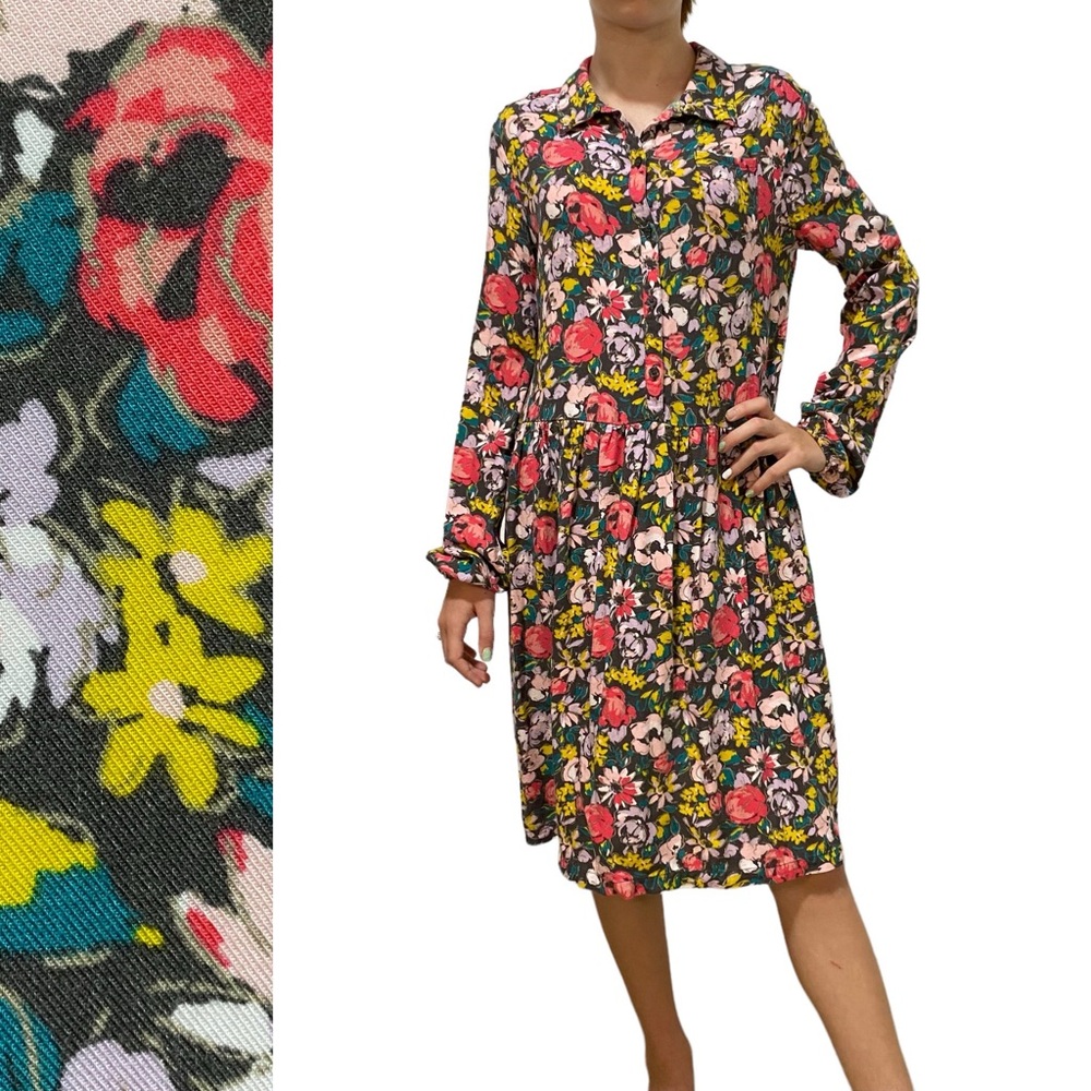 CHEROKEE Dress Floral Size 14 Gray Pink Long Sleeve Collar 1/2 Button Down